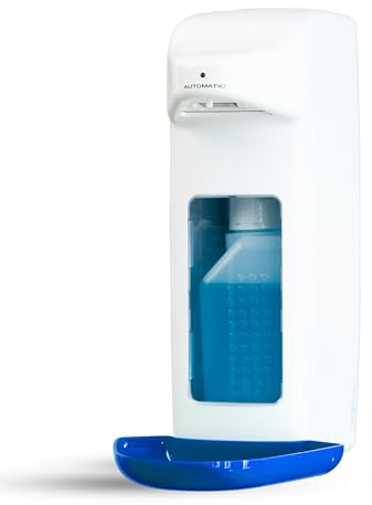 Hygiene365® Desinfektionsspender Automatisch für Euro-Flaschen – Eurospender & Desinfektionsmittelspender mit Sensor, Seifenspender Wandbefestigung & nachfüllbar (Weiß mit Blau, 500 ml)