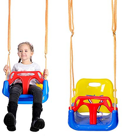 Homewell Schaukel, 3 in 1 Kinderschaukel Babyschaukel, Schaukelsitz Gartenschaukel für Kinder Indoor Outdoor, Seil vormontiert, mit Rückenlehne Anschnallgurt