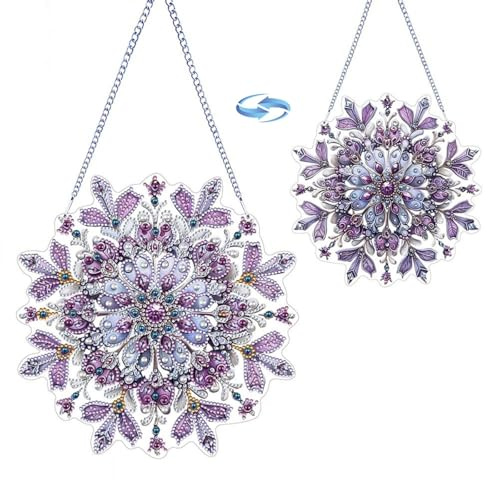 CXINLky DIY Diamond Art Painting Schneeflocken Anhänger mit Kette, Diamant Painting Weihnachten Fensterbilder Malerei Wandbehang Kits für Fenster Wand Garten Decor-01-Lila