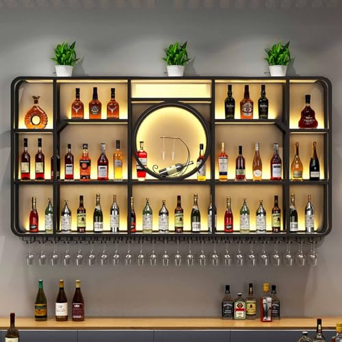 Porte bouteille mural,Grand Casier À Bouteilles en Fer avec Lumière LED,Étagère Verticale Industrielle pour Le Rangement De Meuble Alcool,Range Bouteille pour Cave À Vin,Bar,Maison,Cuisine(Black,200cm