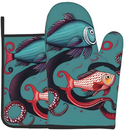 Ofenhandschuh und Topflappen-Set mit Fisch- und Oktopus-Aufdruck, ein Muss für Küche, Backofen, Mikrowelle, Grill