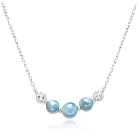 Cavill Larimar Silbercollier 925 Sterling Silber mit 2,25 ct Larimar & Weißtopas, runder Schliff, modernes elegantes Design, zartes Hellblau, verstellbare Kettenlänge 45-49 cm