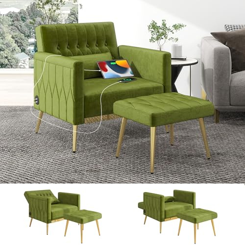 GRAVFORCE Ohrensessel mit Hocker 2 USB-Ladeports Samt Loungesessel Relaxsessel mit verstellbare Rückenlehne Schlafsessel belastbar bis 159 kg fürs Wohnzimmer Fernsehsessel Grün