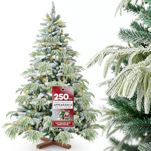 Huracan Premium Künstlicher Weihnachtsbaum 250cm mit LED & Schneeflocken, Tannenbaum Künstlich, Zweigen-Naturgetreuer Weihnachtsbäume für Wohnzimmer, Mit Holzständer, Schmuck und Aufbewahrungstasche