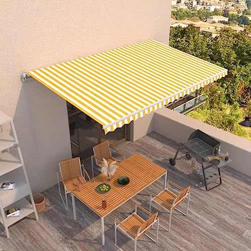 Mokuyary Markise Manuell Einziehbar 500x300 cm Gelb und Weiß, Klemmmarkise mit Handkurbel, Balkonmarkise höhenverstellbar Sonnenschutz für Balkon Terrasse Garten Veranda