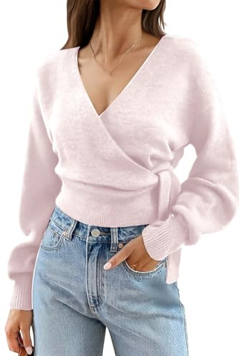 Women's Cropped V Neck Knitted Jumpers Wrap Front Long Sleeve Tie Waist Top Soft Knit Pullover for Casual Daily Wear Loose Fit Fashion Blouse Fashion Ceremony Sweater Everyday Outings