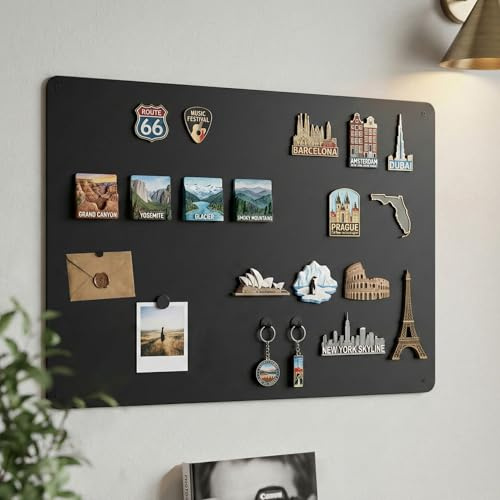 LYZZXI Magnetic Board for Wall 23.6 x 15.7 : Black Metal Display Board for Travel Souvenir Magnets & Art Collections | Heavy-Duty Metal Panel for Hobbyists with Screw Mount Hardware
