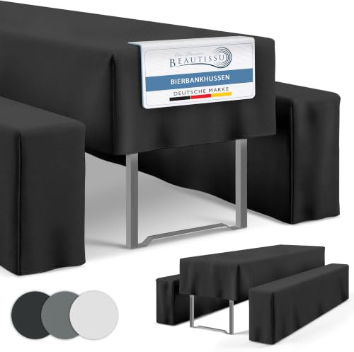 Beautissu Premium Biertischhussen Set 3-teilig blickdichte Biertischhusse | 220x70cm Schwarz knitterfreie Husse mit Bierbankhussen elegante Hussen für Bierzeltgarnitur aus dickem Stoff 3tlg Premium M