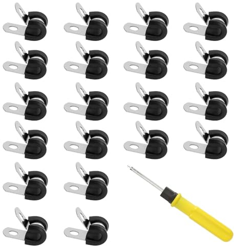 SLIAXINT 20 Piezas Abrazaderas para Tubos, con Inserto de Goma, Clips P de Goma, Abrazadera de Manguera, Abrazadera de Cable de Acero Inoxidable, P Clips de Cables Incluye Destornillador (6mm)