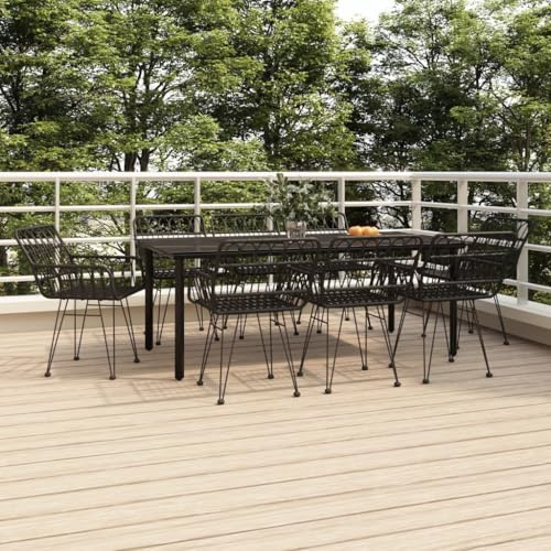 RCODSSK Salon de jardin 9 pièces en rotin synthétique avec cadre en acier et plateau en verre trempé - Ensemble bistrot avec capuchons de pieds pour l'extérieur