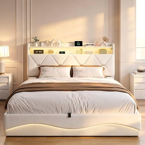 DAHUEN Stauraumbett 140 x 200 cm mit LED-Beleuchtung und USB, gepolstertes Doppelbett mit Staufach, Bettgestell mit Lattenrost und Kopfteil, Samt, Beige (Beige/6, 140 x 200 cm)