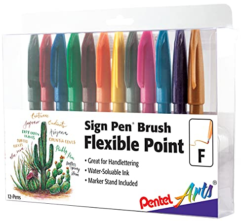 Pentel Stylos feutres avec Pointe Brosse, Multicolore, 2,71 x 19,05 x 15,24 cm