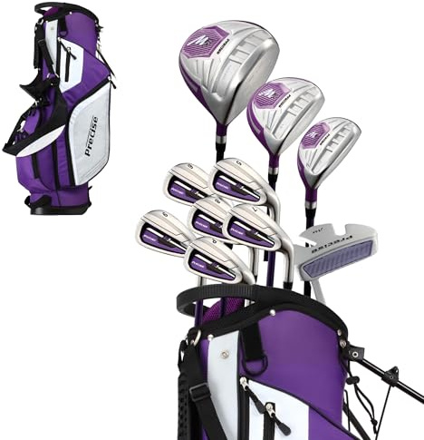 Precise M5 Women's Golf Club Set – Titanium Driver, Stainless Steel Fairway & Hybrid, 5-PW Irons, Putter, Stand Bag & Headcovers – Lightweight Graphite Shafts for Women – Right-Handed, Purple