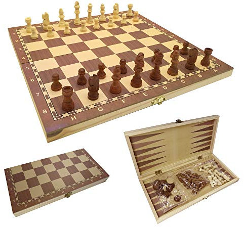 C&T Schach Dame Backgammon Spielbrett 3 in 1 in Klappbox aus Holz (33,8 cm)