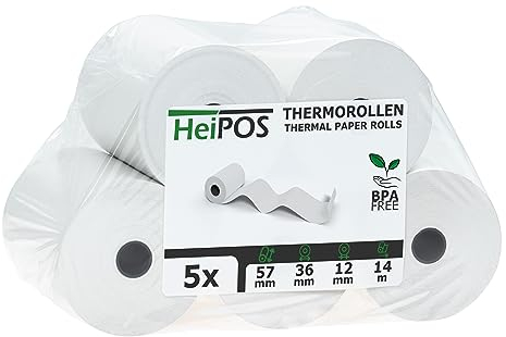 HeiGroup HeiPOS - 5x Kassenrollen Thermorollen - 57 mm x 14 m x 12 mm - 55 g/m² Papier - Für EC-Cash, Kreditkarten Kassensysteme und mehr