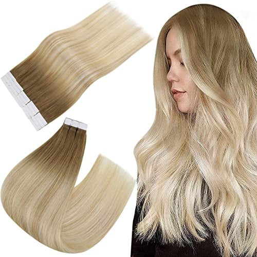 Easyouth Echthaar Extension Tape in Extensions Echthaar Mittelbraune Mischung Honigblond und Platinblond Extensions Echthaar Tape Balayage Blond 40 cm 40g 20Pcs #6/27/60