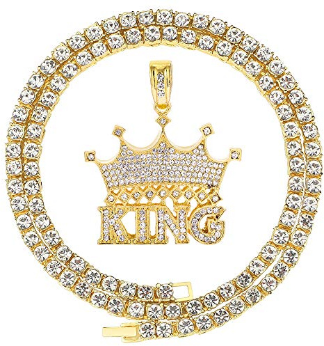 HH BLING EMPIRE 14k Gold Silver Plated Hip Hop Rapper Pendant Chain Necklace for Men, Iced Out Diamond King Crown Pendant with 4mm Rope Chains 24 Inch (Crown-Gold,& Rope)