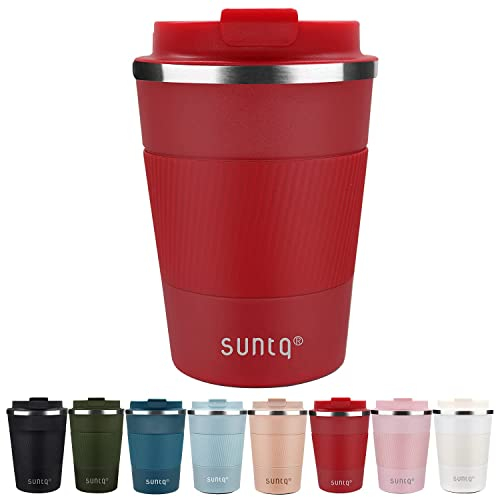 SUNTQ Reusable Coffee Cups Travel - Coffee Travel Mug with Leakproof Lid - Thermal Mug Insulated Cup - Stainless Steel Travel Cup with Rubber Grip - for Hot and Cold Drinks, 13oz/380ml Red