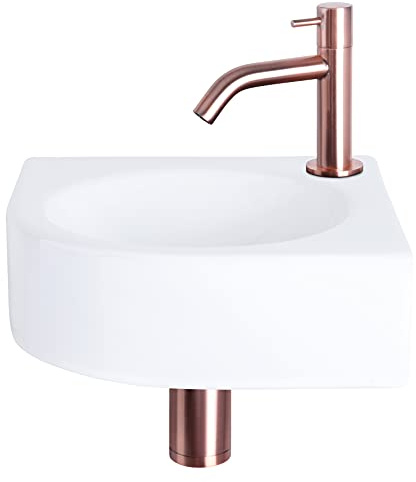 Differnz Cleo Waschbecken - Waschtisch Keramik Weiß - Gebogener Wasserhahn Rot Kupfer - Komplettset - 30 x 30 x 10 cm