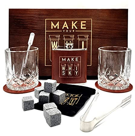 Individuelles Geschenkset mit Make Your Whisky Set Geschenkset in Holzbox mit 2X Tumbler + 2X Untersetzer + Flachmann + Zange + Pipette + 8X Eiswürfel Stein in Stoffbeutel