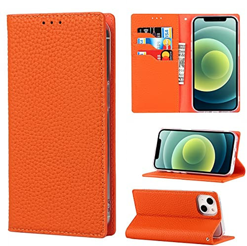 Copmob Case Compatible for iPhone 13 Mini,Premium Genuine Leather Flip Wallet Case,[3 Card Slots][Magnetic Closure][RFID-Blocking],Protective Case Cover for iPhone 13 Mini - Orange