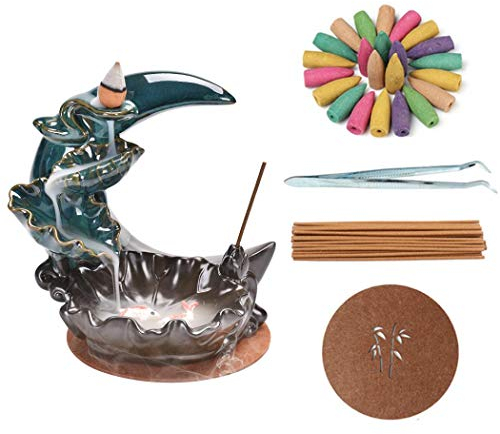 YYW Backflow Incense Holder, Waterfall Incense Burner Porcelain Incense Stick, 1 Backflow Incense Burner + 20 Upgraded Cones + 1 Tweezer + 30 Incense Sticks + 1 Piece of Mat (A)