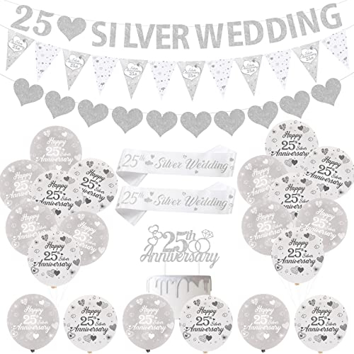 JOYMEMO 25th Wedding Anniversary Decorations Silver Balloons Banner Heart Rings Cake Topper Satin Sash for 25th Anniversary Party Supplies