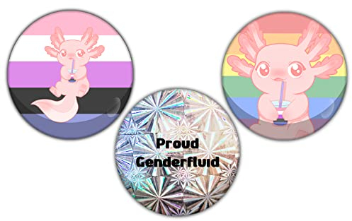 3 Pastell Button Badge Pin Anstecker Ansteckbutton | Genderfluid & Regenbogen Flagge | LGBTQ+ Pride | Holo Holographisch Hologramm | Kawaii Axolotl mit Drink