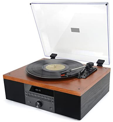 AKAI -Giradischi Bluetooth, Giradischi in Vinile Vintage 33/45/78 RPM, Altoparlanti Stereo Incorporati, Lettore CD, Radio FM, USB, Ingresso AUX, Legno Naturale, Nero