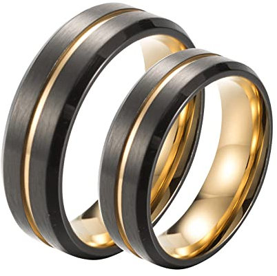 Daesar Verlobungsringe mit Gravur Edelstahl, Partnerringe Paar Ringe Set für Sie und Ihn, 8MM Matt Ringe Band Gold Schwarz Damen Gr.62 (19.7) & Herren Gr.62 (19.7)