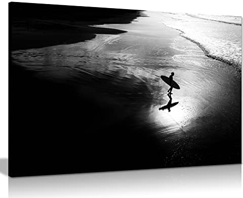 Panther Print Fine Art Prints Black & White Surfer Beach Waves Artistic Framed Canvas Print, Pictures for Home Walls, Bedroom, Living Room & Bathroom Decor 76x51cm (30x20in)