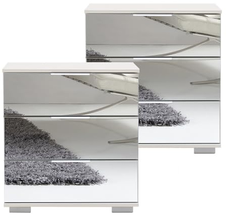 Lomadox LA43-538718 - Schlafzimmer 2er Set Nachttisch Nachtschrank für Boxspringbett in weiß mit Spiegelfront ELSTRA-43, B/H/T ca. 52/58/38 cm