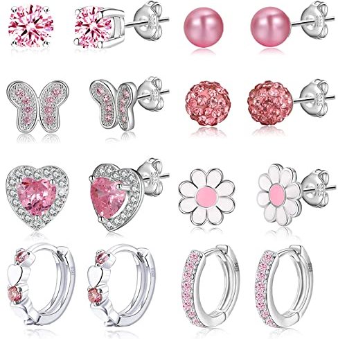 8Paare 925 Sterling Silber Ohrringe für Mädchen Damen Hypoallergene Ohrringe Tiny Herz Hoop Ohrringe CZ Ball Schmetterling Daisy Gestüt Sets für Teenager Kinder Kleinkind Rosa Silber