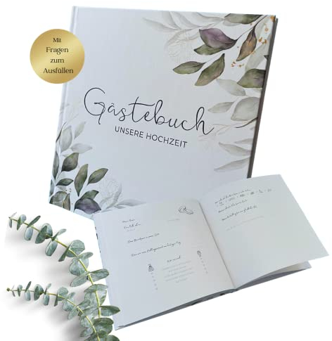 Tales of you Gästebuch zur Hochzeit mit Pflanzenmotiv Eukalyptus und Fragen zum Ausfüllen, Platz für 40 Einträge