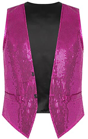 FEESHOW Gilet sans Manches Homme Paillettes Gilet Costume de Performance Spectacle Blazer pour Soirée Disco Mariage Cérémonie Fête Danse Party Rose M