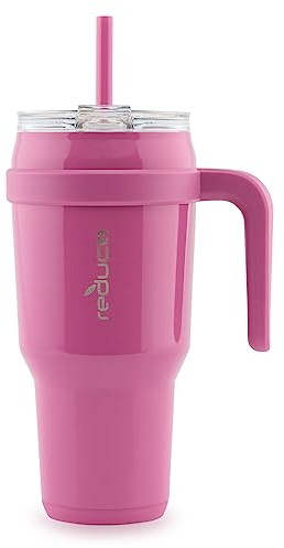 REDUCE Vaso de acero inoxidable de 40 onzas con asa, taza de viaje aislada al vacío de doble pared, tapa a prueba de sudor y popote reutilizable, mantiene las bebidas frías durante 24 horas, se adapta
