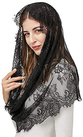 FakeFace Hochzeit Brautschleier, Spitzenschleier Kopfbedeckung Schal, Katholische Mantilla Kirche Schleier Muslimisches Kopftuch, für Braut Kirche Halloween Cosplay Party, 150cm (Schwarz-60cm lang)
