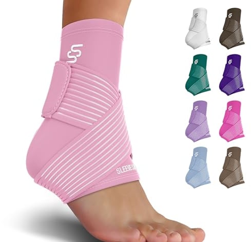 Sleeve Stars Ankle Brace for Women & Men, Ankle Wrap for Sprain, Compression Sleeve for Plantar Fasciitis Relief, Easy Customizable Support: w/Removable Strap (Single/Baby Pink)