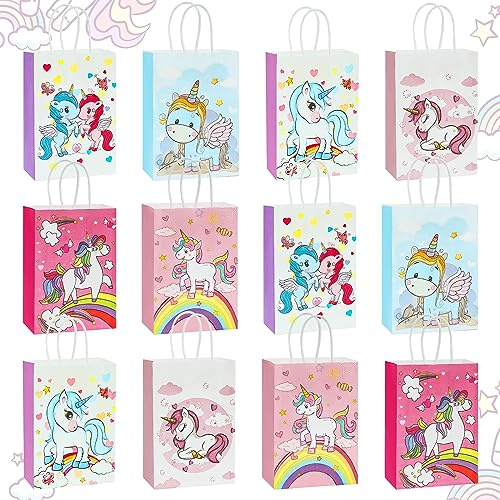 GOTFUN 12 Stück Papiertüten Geschenk Taschen Papier Partytaschen, Einhorn Geschenktüten Süßigkeiten Tasche mit Henkel Wiederverwendbare Geburtstag Tasche süß behandeln Tüten für Kinder Party