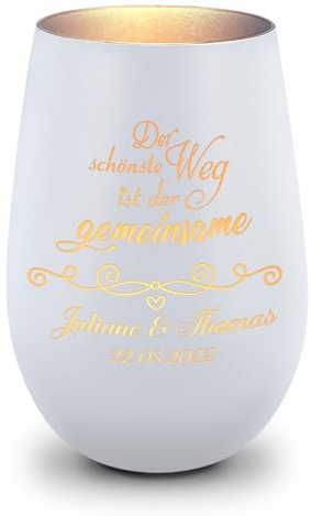 GRAVURZEILE Deko Windlicht aus Glas mit Gravur - Der schönste Weg ist der gemeinsame - Personalisiert mit Namen & Datum - Persönliche Geschenke zur Hochzeit Verlobung für Sie & Ihn - Weiß/Silber