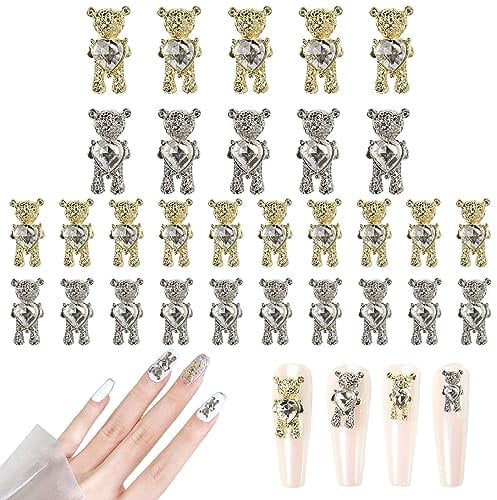 Bear Nail Charms,30PCS Shiny Alloy Bear Nail Art Decoration with Heart Rhinestones, 3D Gold Silver Alloy Nail Charms for Manicure Design DIY Ornaments Crafts Accessories (Gold Silver)