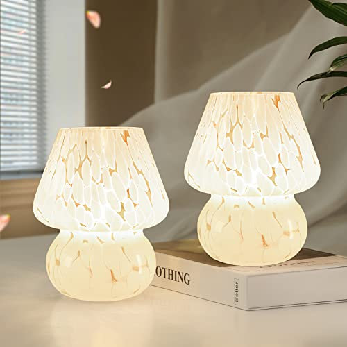 ONEWISH Lampe Champignon, Petite Lampe de Chevet Lot de 2, Lampe de Table en Verre, Esthétique Murano pour Chambre à Coucher, Salon, Cuisine - Cadeau d'Anniversaire Blanc
