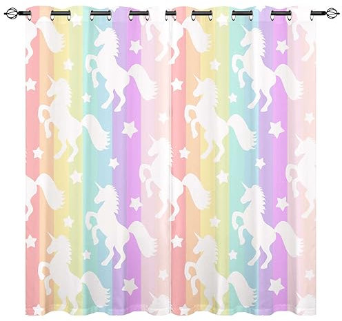 YUANZU Weißes Einhorn Vorhänge Mädchen Regenbogen Streifen Ösen Gardinen mit Blickdichte Vorhang Kälteschutz Blackout Curtain Kinderzimmer Schlafzimmer Verdunkelung Fenster, 2 Stück, H 114 x B 132 cm
