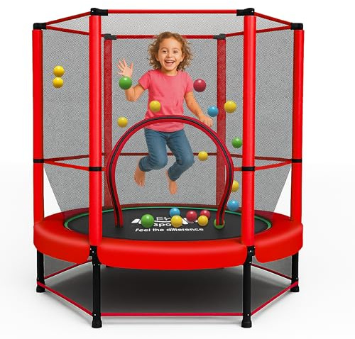 FK Sports 55 Trampoline for Toddlers & Kids with Safety Enclosure Net, Bungee Rebounder & Anti-Skid Pad, Indoor Kids Trampolines - Toddler Trampoline from Age 1 to 11 (55 With Safety Enclosure Red)