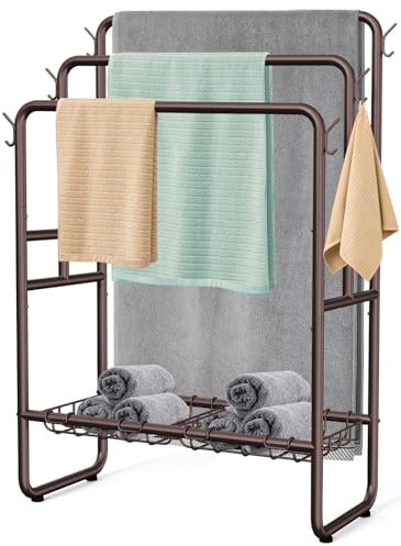 Kayfia 40 Tall Standing Towel Rack for Extra Large Towel, 3 Tier Floor Towel Stand with Storage Basket & Hook, Freestanding Blanket Ladder Display and Drying Rack for Bathroom Living Room