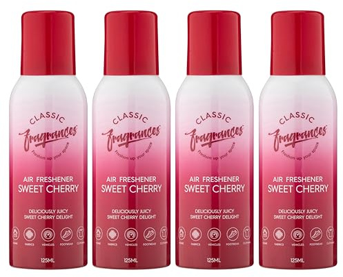 Classic Fragrances 4 Pack Sweet Cherry - Deliciously Juicy Cherry Aroma Air Freshener Spray - For Home & Vehicles – Long Lasting Smell, Portable Spray Can – Deodorise & Neutralise Odours – 125ml