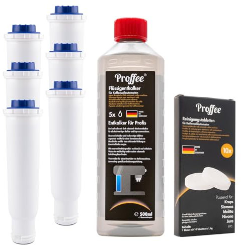 Pflege-Set für Krups, Melitta, Nivona Kaffeevollautomaten | 6x Metis Wasserfilter, 500ml Flüssigentkalker, 10x Kaffeefettlöser von Proffee | MADE IN EU