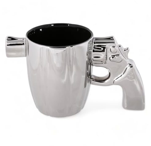 MIJOMA stilvoller Kaffeebecher mit einzigartigem Revolvergriff - Eleganter Henkelbecher aus robustem Steingut für das besondere Kaffeevergnügen, ca. 18 x 10 cm (Silberfarben)