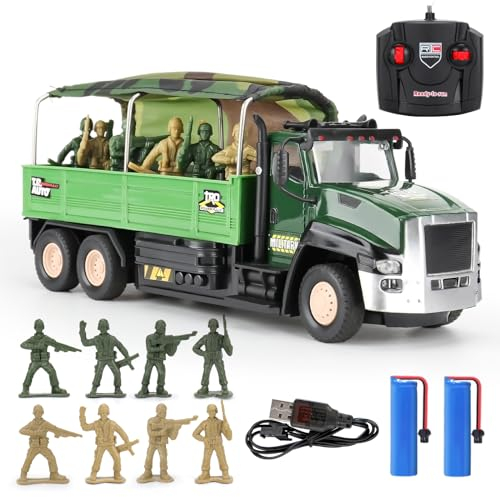 KADAYAYA Ferngesteuertes Militär-LKW-Spielzeug mit 2 Wiederaufladbaren Batterien, Armeefahrzeug und 8 Soldatenfiguren, Armeespielzeug mit Licht, Geschenk für Jungen im Alter von 3 4 5 6 Jahren