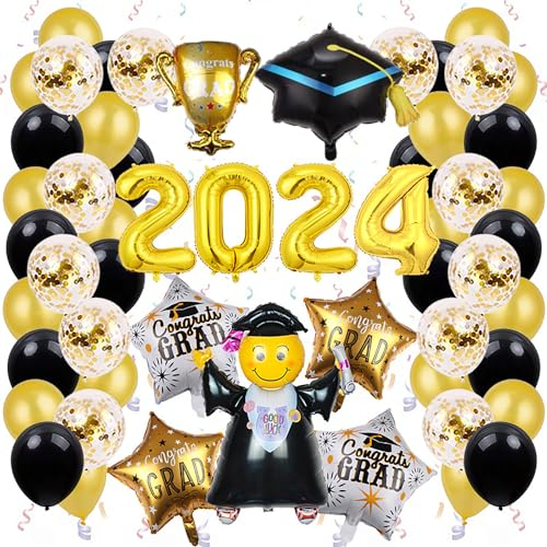 Graduation Deko 2025 Ballons,Schwarz Gold Abschluss Deko XXL Folienballon Mit Abschlussfeier Graduation Hat,Abitur 2025 Ballon für Abschlussfeier Party Dekoration,55 Pcs Set Bachelor Geschenk